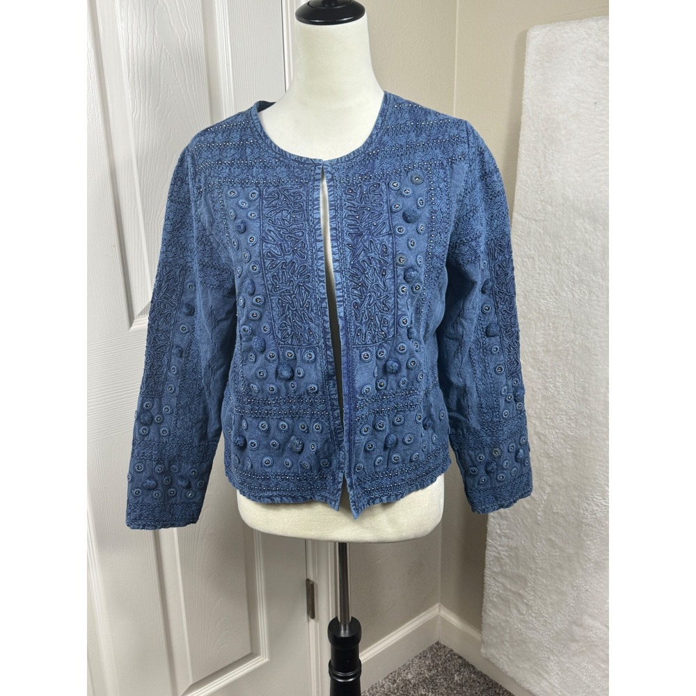 Indigo Moon Womens Embroidered Embellished Jacket‎ Blue Small Bohemian